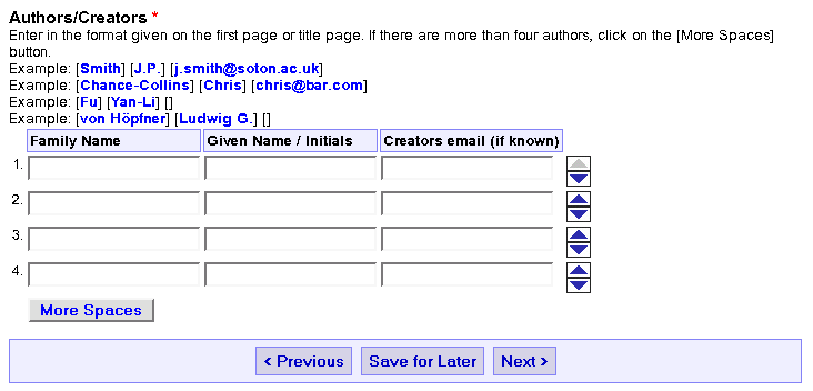 full scale shot of lower part of the page:
Author/Creators header, some instructions and entry fields
for Family name, for Given name / initials and for email
address of each of the authors.
