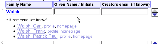 a list of clickable options, three personal names
starting with "Walsh" surname, with different first and
second names and links to further info